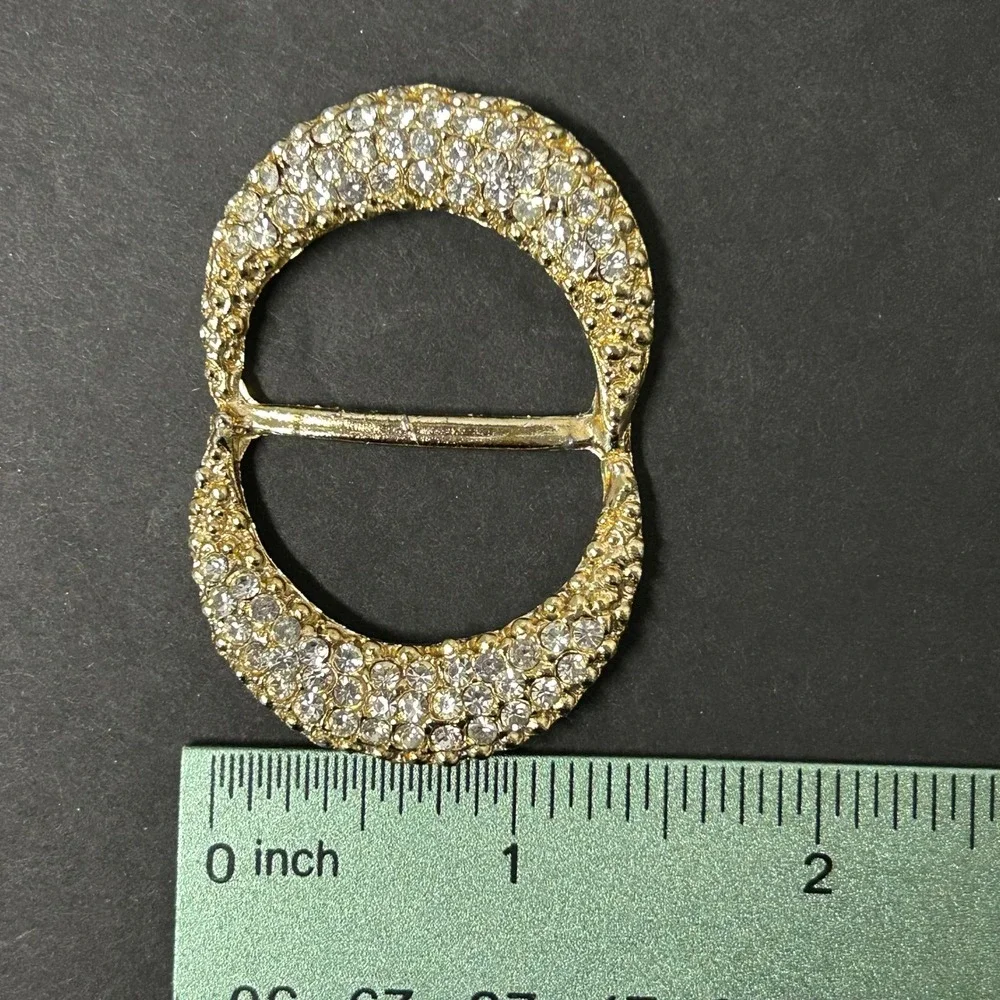 Vintage Belt Buckle Gold Rhinestone Oval Slide Glam
